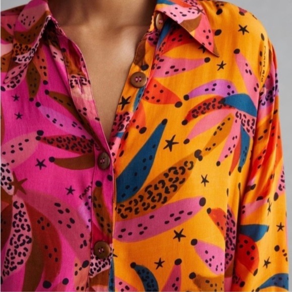 FARM RIO Tropical Banana Logo Button Up Shirt Women Medium Long Sleeves Dopamine - Picture 4 of 15